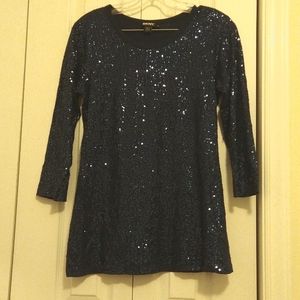 DKNY SEQUINED NAVY KNIT JERSEY CREW NECK THREE QUARTER SLEEVE TOP